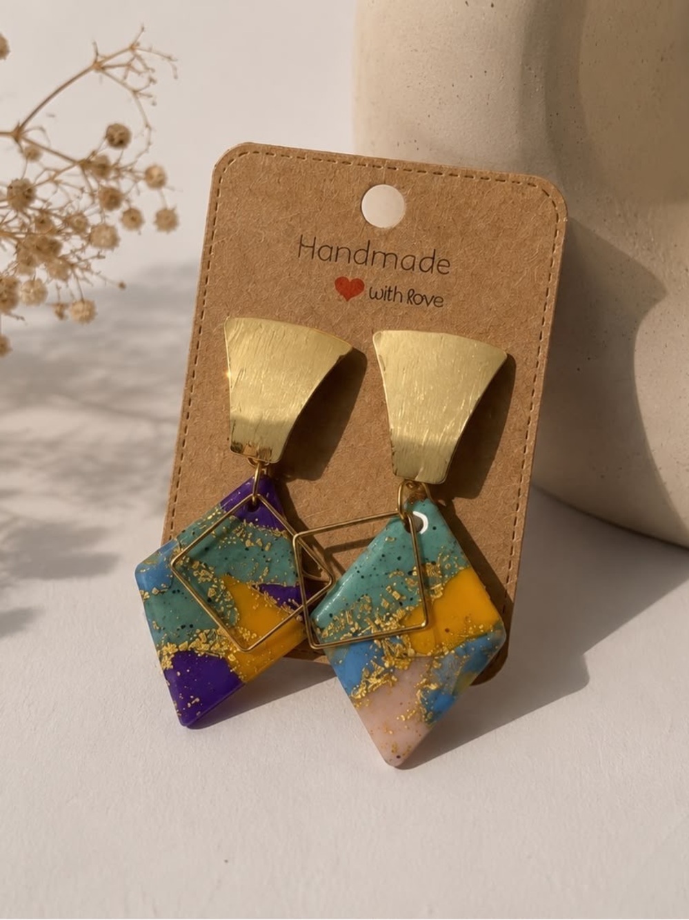 Colorblock Gold Drop Earrings - Turquoise, Yellow, Purple